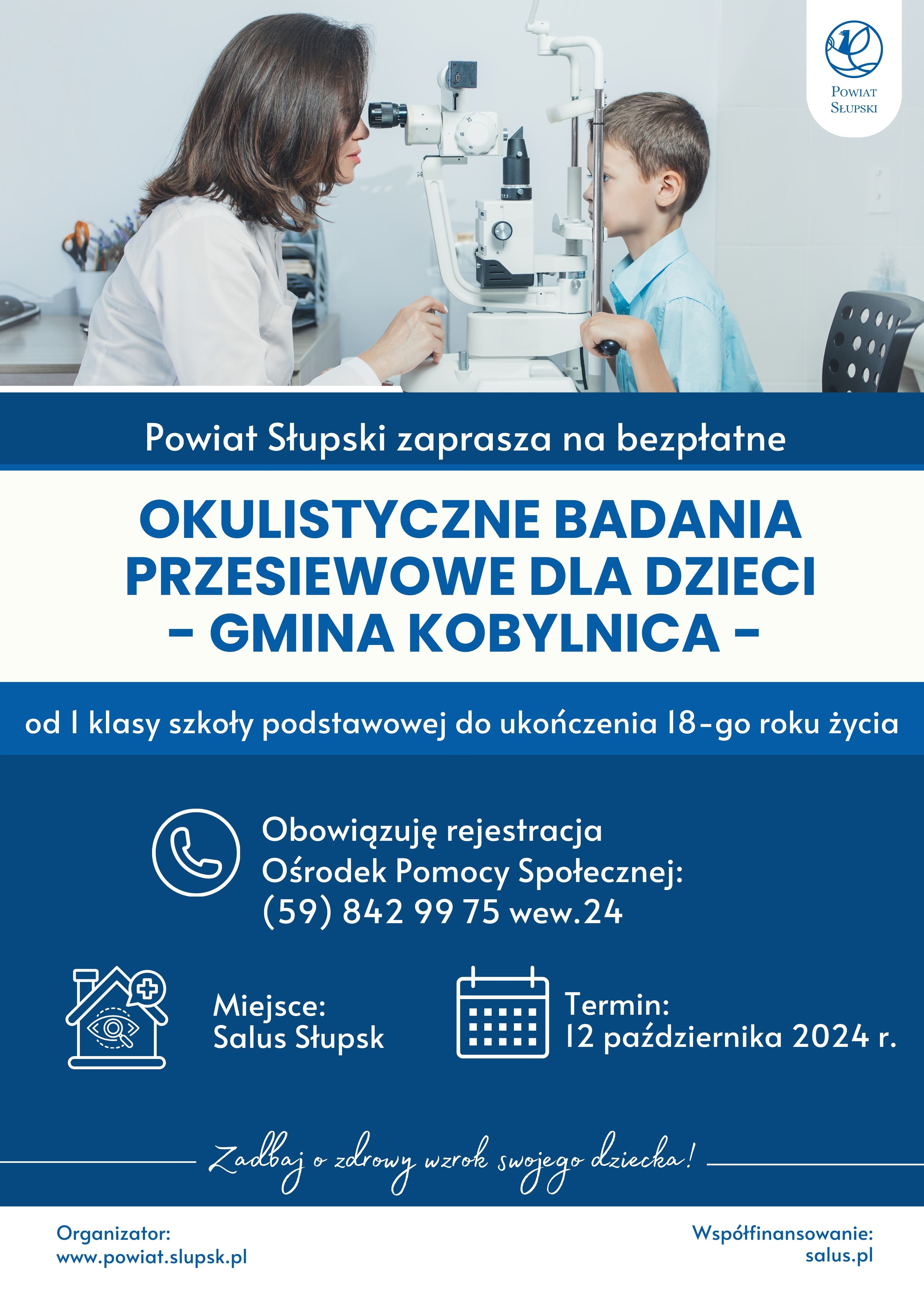 plakat przedstawiający szczegóły badań przesiewowych okulistycznych dla dzieci w klinice salus w słupsku