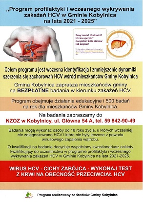plakat przedstawiający Program profilaktyki i wczesnego wykrywania zakażeń HCV w Gminie Kobylnica na lata 2021 - 2025