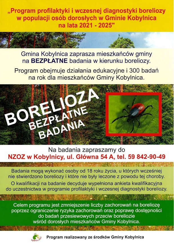 plakat przedstawiający Program profilaktyki i wczesnej diagnostyki boreliozy w populacji osób dorosłych w Gminie Kobylnica na lata 2021 - 2025 
