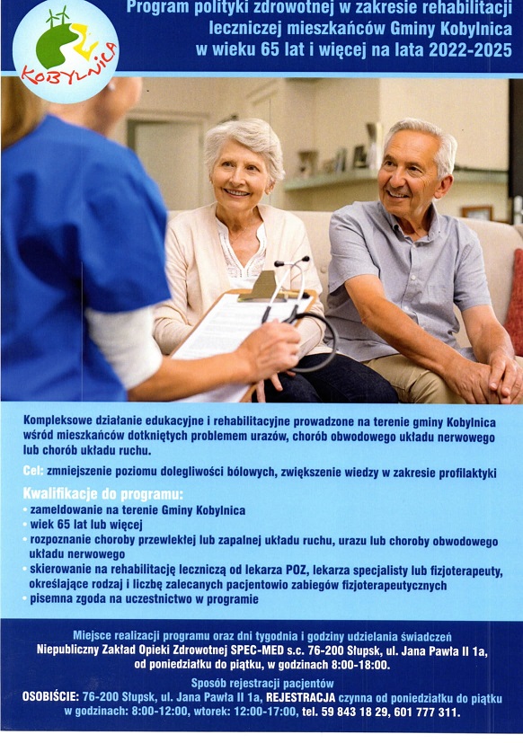plakat przedstawiający Program polityki zdrowotnej w zakresie rehabilitacji leczniczej mieszkańców Gminy Kobylnica w wieku 65 lat i więcej na lata 2022-2025