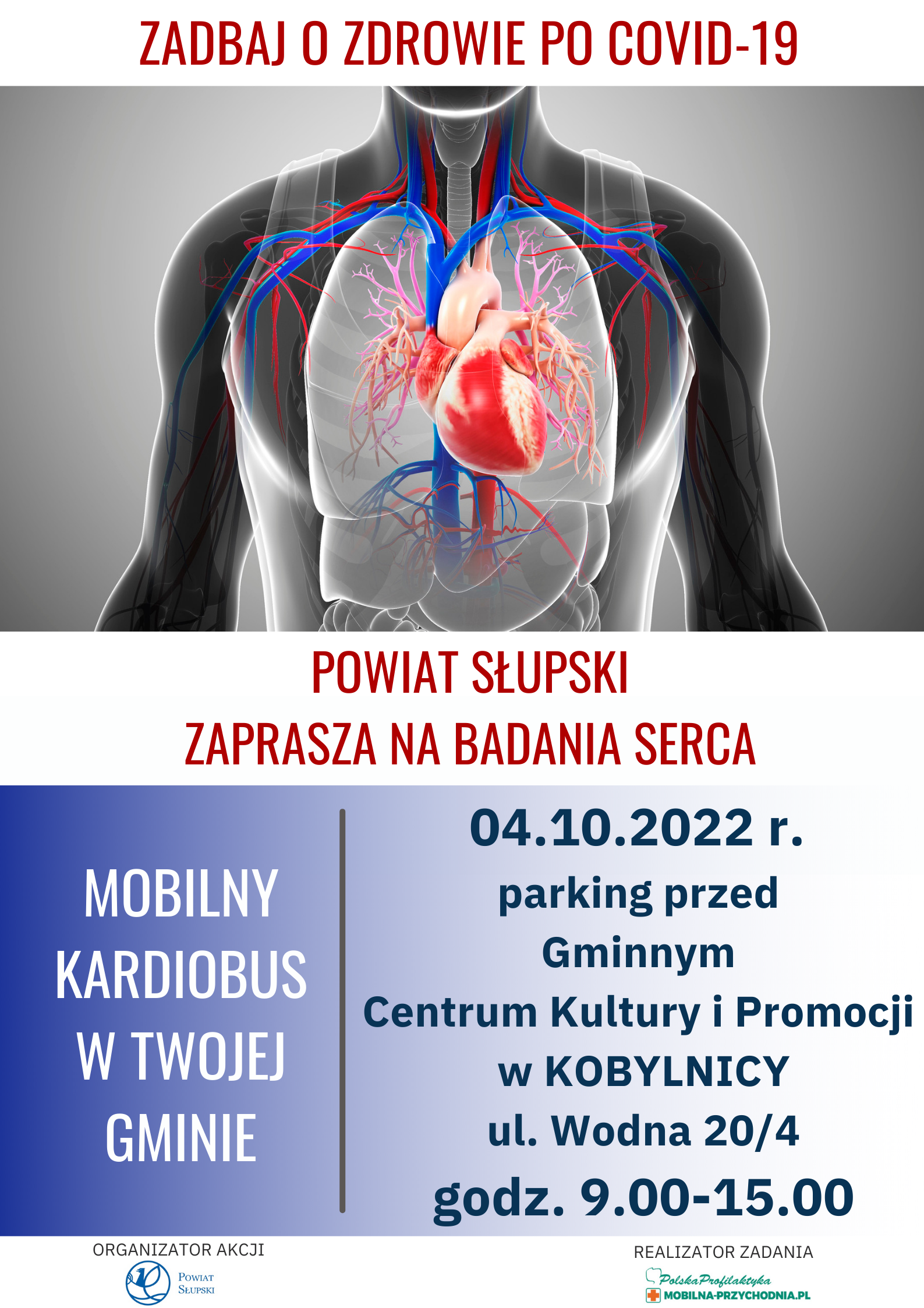 plakat przedstawiający informacje dotyczące zbliżających się w Gminie Kobylnica badań kardiologicznych