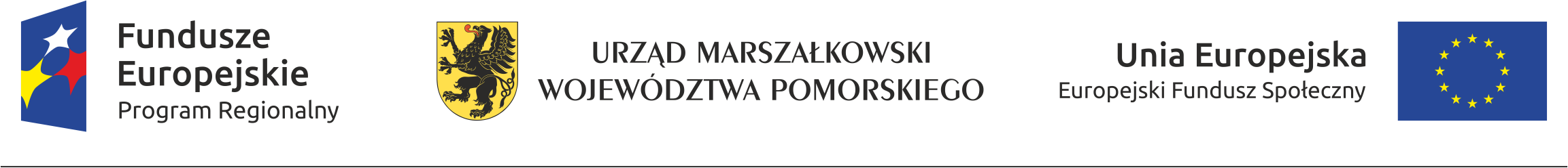 Napis: Fundusze Europejskie Program Regionalny – Urząd Marszałkowski Województwa Pomorskiego – Unia Europejska Europejski Fundusz Społeczny