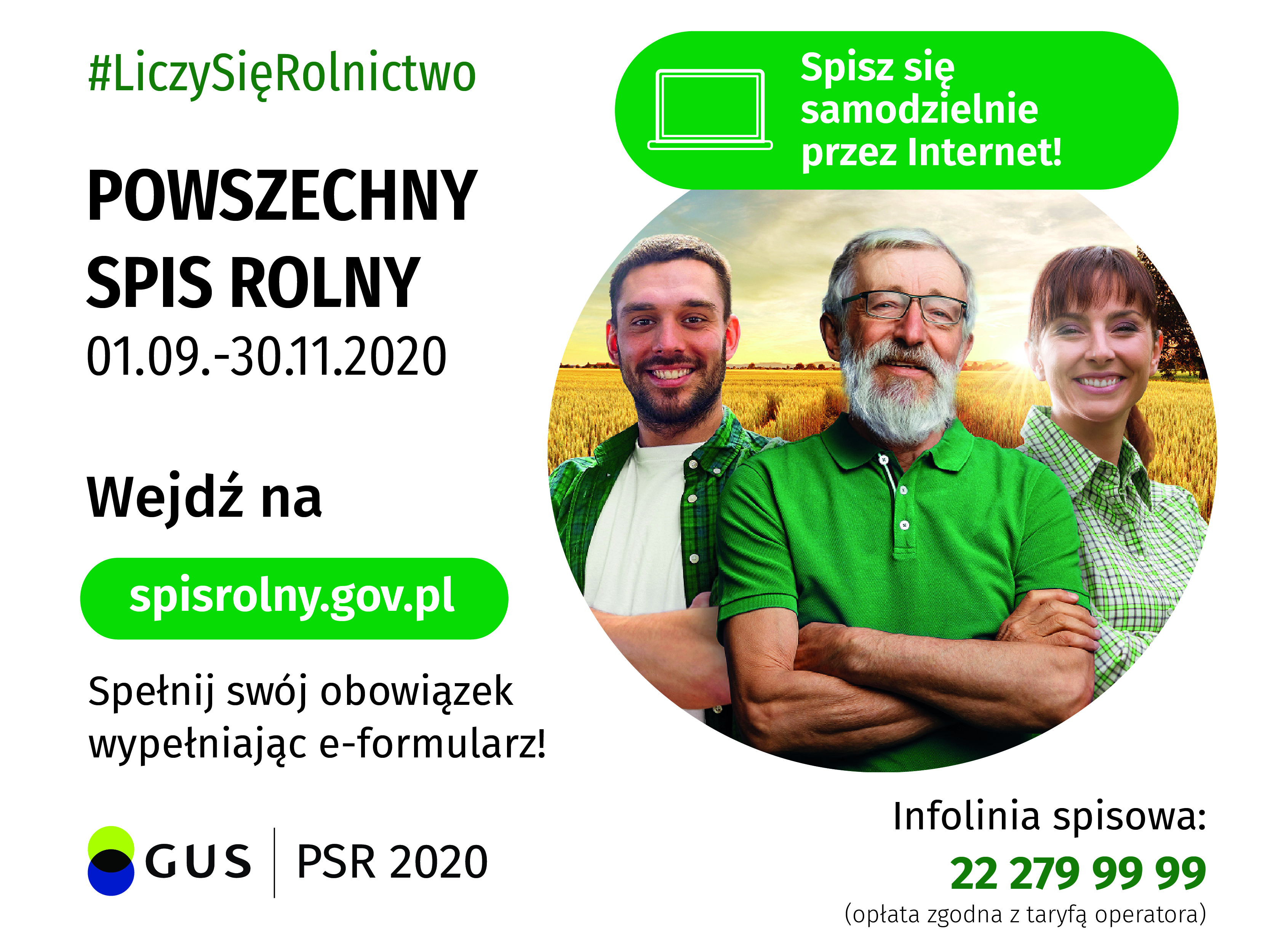 Grafika z informacjami i telefonami kontaktowymi ze zdjęciem trojga rolników.