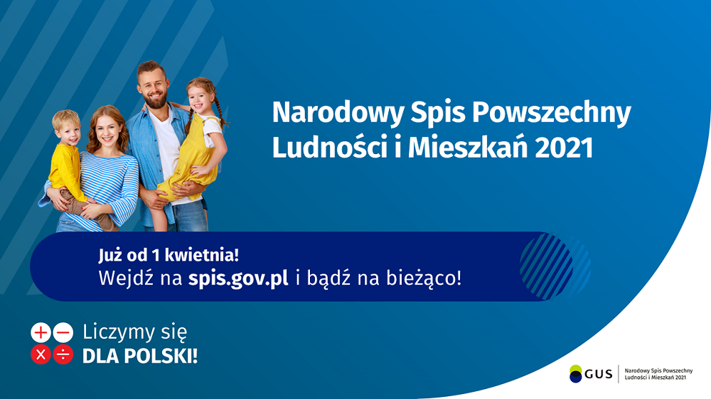 na plakacie znajdują się informacje o spisie oraz rodzina stojąca razem 