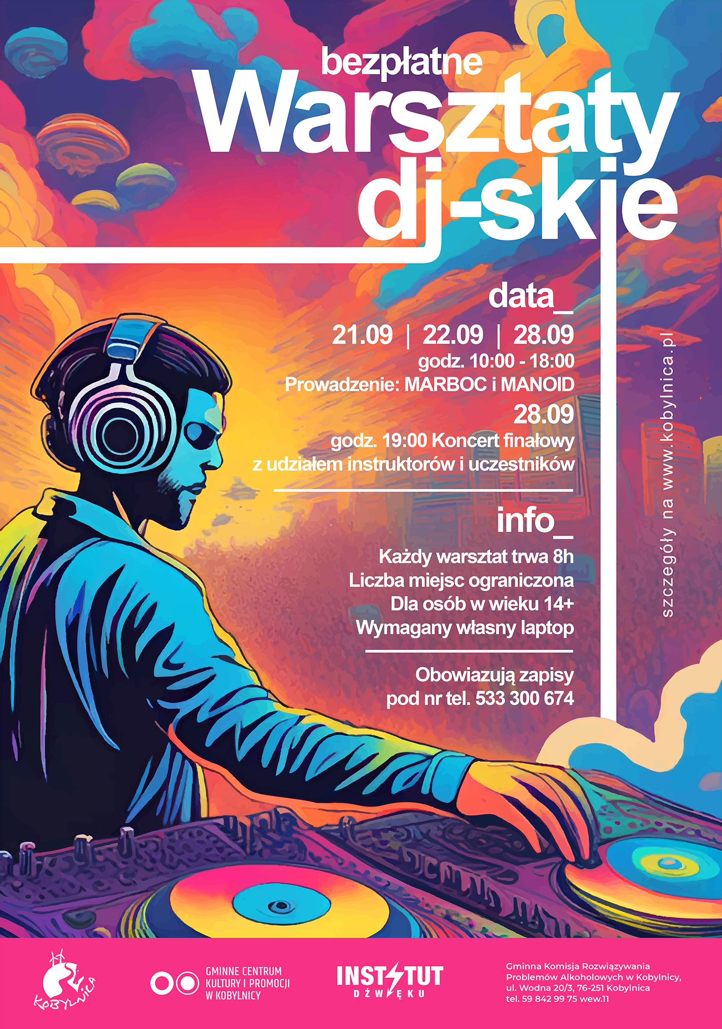 plakat bezpłatnych warsztatów dj-skich