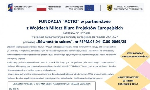 Zdjęcie do Projekt &bdquo;R&oacute;wność to sukces&rdquo; &ndash; bezpłatne wsparcie dla mieszkańc&oacute;w wojew&oacute;dztwa pomorskiego