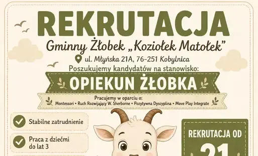 Zdjęcie do Rekrutacja na stanowisko Opiekuna w Gminnym Żłobku &bdquo;Koziołek Matołek&rdquo; w Kobylnicy